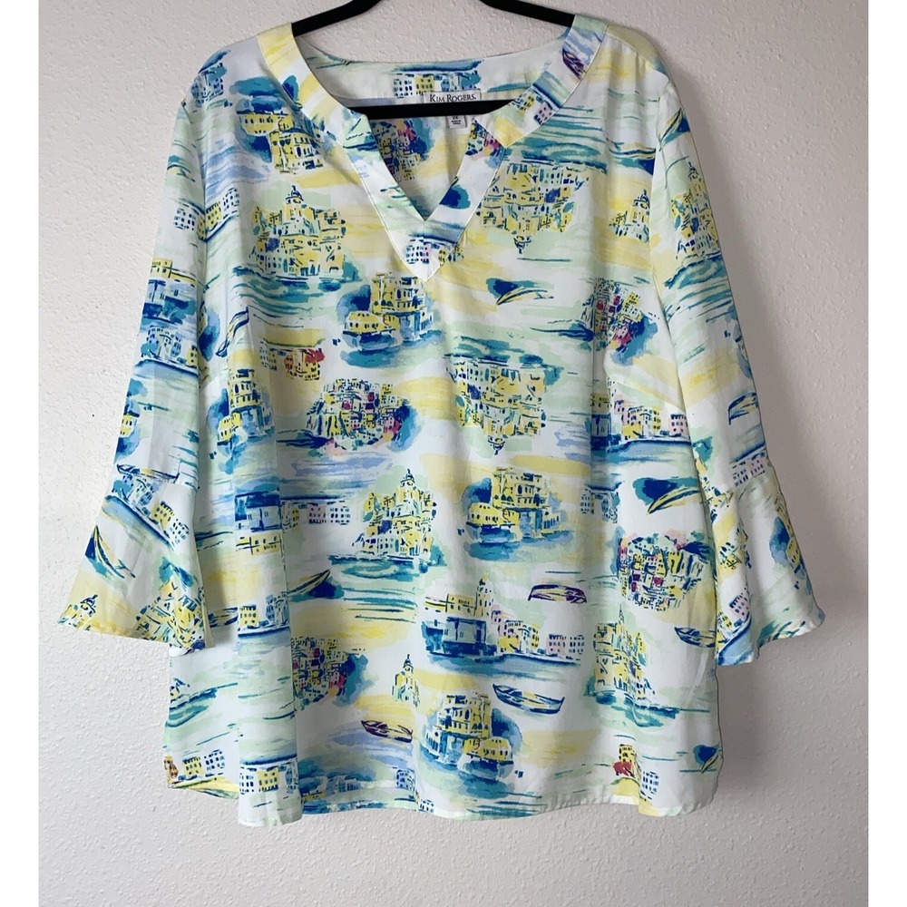 Kim Rogers‎ Women's 2X White/Blue/Pink Paris Boat Themed V Neck Flowy Blouse
